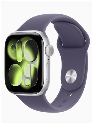 Apple Watch Series 11 GPS с корпусом из серебристого алюминия и фиолетовым спортивным ремешком, размер S/M, представляют собой умные часы 1000026492