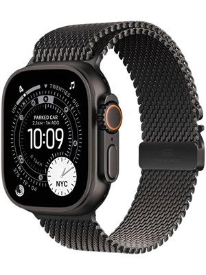 Apple Watch Ultra 3 (2025) с диаметром 49 мм, оснащенные функцией GPS и возможностью подключения к сети, выполнены в черном титановом корпусе с черным миланским петлевидным ремешком из титана, размер L. 1000026623