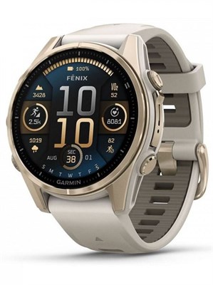 Золотистый корпус и дымчато-серый ремешок отличают смарт-часы Garmin Fenix 8 43 мм Sapphire под номером 010-02903-11. 1000026855
