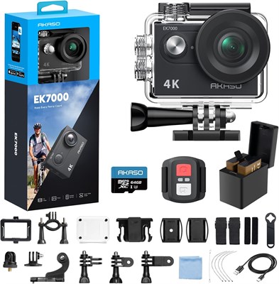 Экшн-камера AKASO EK7000 4K30FPS 20MP с картой памяти microSDXC 64 ГБ, комплект аксессуаров, подводная камера, водонепроницаемость 98 футов, электронная стабилизация изображения (EIS), дистанционное управление по Wi-Fi, 4-кратный зум, широкоугольный объек 1000030127