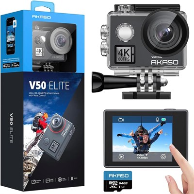 Экшн-камера AKASO V50 Elite 4K60fps WiFi с электронной стабилизацией изображения (EIS), сенсорным экраном и голосовым управлением, водонепроницаемость до 40 м, регулируемый угол обзора, 8-кратный зум, пульт дистанционного управления (с картой MicroSD 64 Г 1000030160