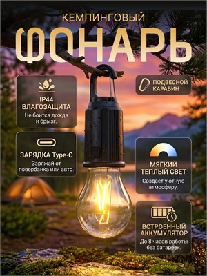 Одна штука кемпинговой аккумуляторной лампы фонаря, оснащенной светодиодами, с возможностью подвешивания на карабине, без проводов, для использования в палатке 1000030610