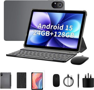 Планшет PRITOM 10 дюймов, планшет 4-в-1, 24 ГБ, 128 ГБ ПЗУ, Android 15, расширение памяти до 1024 ГБ, Qcta core, Wi-Fi 6, аккумулятор 8000 мАч, планшет с клавиатурой, мышью, стилусом и чехлом, серый 1000030953