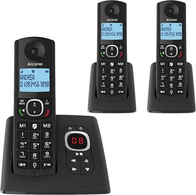 DECT-телефон ALCATEL F530 Voice Trio оснащен автоответчиком, имеет большой дисплей, громкую связь, возможность блокировки вызовов, 2 кнопки быстрого доступа, 3 кнопки для переноски и представлен в черном цвете 1000032001