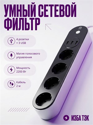 Сетевой фильтр с 4 розетками, 3 USB-портами, Wi-Fi и функцией заземления, длинным кабелем в 2 метра, окрашенный в черный цвет 1000032403