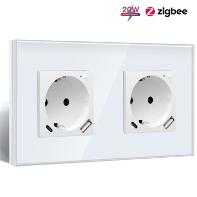 Двойная умная розетка Zigbee с USB и type-C входами, способная обеспечить быструю зарядку мощностью 20W, имеет функцию мониторинга потребления энергии и совместима с голосовыми ассистентами Яндекс и Алиса. Внешняя рамка выполнена из белого стекла 1000032493