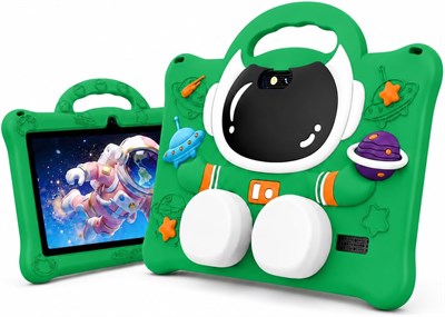 Планшет P605 7 дюймов, Android 15, 6 ГБ ОЗУ, 256 ГБ ПЗУ, HD-дисплей 1024x600, аккумулятор 3000 мАч, двойная камера, Wi-Fi 5G, противоударный чехол из EVA-материала с ручкой и 3D-изображением космонавта — зеленый 1000033012