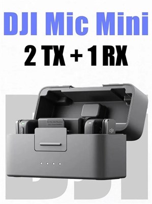Набор DJi Mic Mini для мобильного устройства включает в себя два передатчика, один приемник и чехол для зарядки, выполненные в черно-сером цвете 1000034048