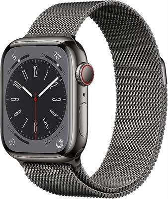 Apple Watch Series 8 (GPS+Cellular 41 мм) — смарт-часы, корпус из нержавеющей стали графитового цвета с миланским браслетом графитового цвета. Фитнес-трекер, приложения для измерения уровня кислорода в крови и ЭКГ, водонепроницаемые 1000034280