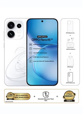 OPPO Reno16 AI Phone Dual SIM 5G Pop White 12GB RAM 256GB With OPPO Enco Buds3 Pro + OPPO Magnetic Case - Middle East Version 1000035321