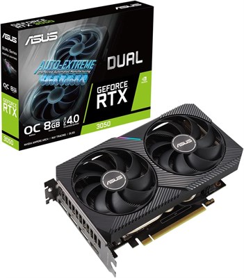 Видеокарта Asus Dual NVIDIA GeForce RTX 3050 OC Edition Gaming, PCIe 4.0, 8 ГБ памяти GDDR6, HDMI 2.1, DisplayPort 1.4a, двухслотовая конструкция, вентилятор Axial-tech, технология 0 дБ, стальной кронштейн - черная 1000036229