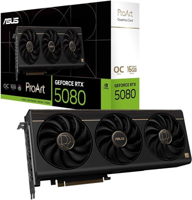 Видеокарта ASUS ProArt GeForce RTX™ 5080 OC Edition (PCIe® 5.0, 16 ГБ GDDR7, USB Type-C®, HDMI®/DP 2.1, 2,5-слотовый корпус, вентиляторы Axial-tech, испарительная камера, термопрокладка с фазовым переходом для графического процессора) 1000036239