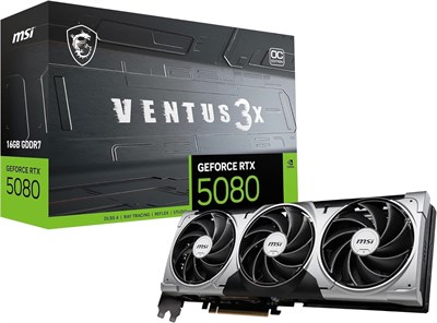 MSI GeForce RTX 5080 16G Ventus 3X OC — 16 ГБ GDDR7 (30 Гбит/с/256-бит), PCIe 5, Boost: 2640 МГц, HDMI 2.1b, DisplayPort 2.1b 1000036253