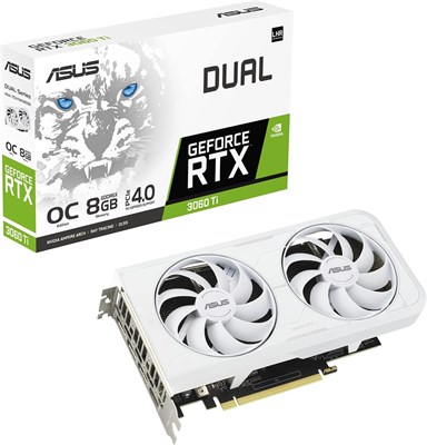 Видеокарта ASUS Dual NVIDIA GeForce RTX 3060 Ti White OC Edition (PCIe 4.0, 8 ГБ памяти GDDR6X, HDMI 2.1, DisplayPort 1.4a, двухслотовая конструкция, вентиляторы Axial-tech, технология 0 дБ и многое другое) 1000036264