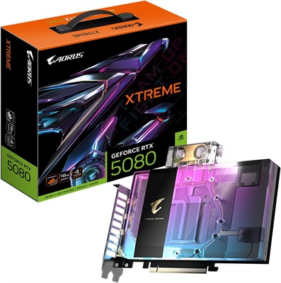Видеокарта GIGABYTE AORUS GeForce RTX 5080 Xtreme WATERFORCE WB 16G, система водяного охлаждения WATERFORCE, 16 ГБ 256-битной памяти GDDR7, GV-N5080AORUSX WB-16GD 1000036317