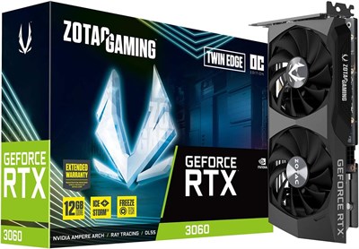 Видеокарта ZOTAC GAMING GeForce RTX 3060 Twin Edge OC 12GB GDDR6 192-bit 15 Gbps PCIE 4.0, система охлаждения IceStorm 2.0, активное управление вентиляторами, функция остановки вентилятора при замерзании, ZT-A30600H-10M 1000036377