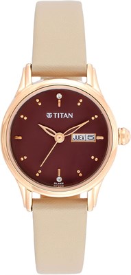 Женские кварцевые аналоговые часы Titan | Коричневый циферблат, инкрустированный кристаллами Swarovski, кожаный ремешок | Индикация дня и даты | Элегантные повседневные часы - 2656WL01 1000037186