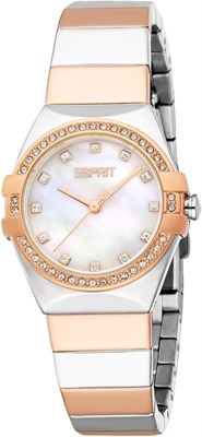 Женские аналоговые наручные часы Esprit Abigail Fashion круглой формы, двухцветные, размер корпуса 28 мм, цвет белый перламутр/розовое золото/серебро 1000037428