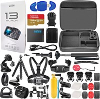 GoPro HERO13 (Hero 13) черная — водонепроницаемая экшн-камера с видеосъемкой в ??формате 5.3K Ultra HD, фотосъемкой 27 Мп, прямой трансляцией, веб-камерой, стабилизацией изображения + карта памяти 128 ГБ, комплект из 50 аксессуаров 1000030063