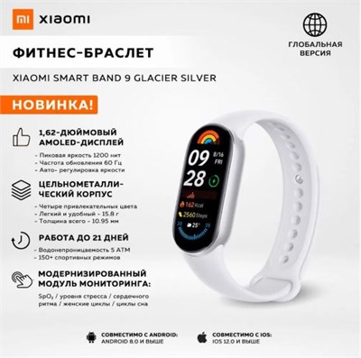 Фитнес браслет Xiaomi Smart Band 9 Glacier Silver, белый / модель: M2345B1 / BHR8340GL глобальная версия 13005 - фото 28452