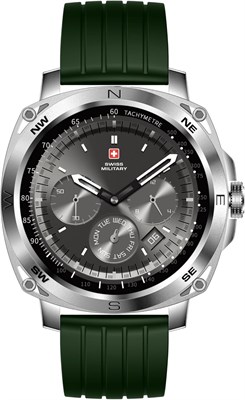 Умные часы Swiss Military DOM4 с экраном 1,43 дюйма AMOLED, вызовы по Bluetooth, многоязычность, отслеживание здоровья и спорта, беспроводная зарядка, срок службы батареи на 7 дней, IP67, совместимость с iOS/Android, серебряная рамка с зеленым ремешком 1000106 - фото 494094