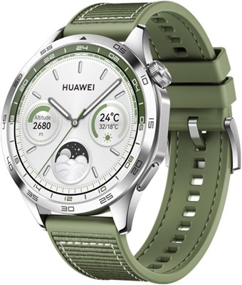 HUAWEI Watch GT 4 46 мм, GPS, iOS и Android, корпус из нержавеющей стали, умные часы, срок службы батареи до 2 недель, контроль калорий, профессиональный контроль здоровья, SpO2, зеленый ремешок из фторэластомера 1000134 - фото 494230