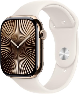 Умные часы Apple Watch Series 10 с GPS и сотовой связью, 42 мм, в золотом титановом корпусе и спортивном ремешке Starlight — S/M. Фитнес-трекер, приложение ЭКГ, всегда включенный дисплей Retina, водонепроницаемость 1000200 - фото 494547