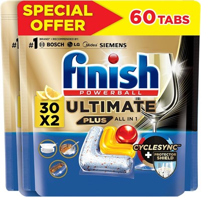 Finish Powerball Ultimate Plus, Таблетка моющего средства для посудомоечной машины Infinity Shine, аромат лимона, предварительное полоскание не требуется, Cyclesync и Protector Shield, 30 таблеток (2 шт. в упаковке) 1000633 - фото 495304