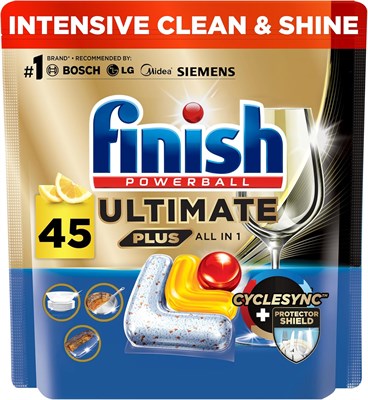 Finish Powerball Ultimate Plus, таблетка моющего средства для посудомоечной машины Infinity Shine, аромат лимона, предварительное полоскание не требуется, циклическая синхронизация и защитная пленка, 45 таблеток 1000636 - фото 495319