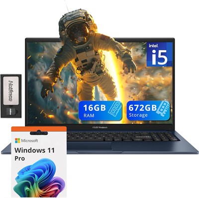 ASUS Vivobook 15.6 FHD Laptop, Intel i5-1235U, 16GB DDR4 RAM, 672GB Storage (512GB SSD+160GB Docking Station Set), Intel Iris Xe Graphics, Number Pad, 720p HD Camera, Win 11 Pro, Quiet Blue 1001084 - фото 495888