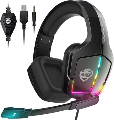 Soulbytes Игровая гарнитура PS5 Гарнитура PS4 Switch PC Xboxone Гарнитура с микрофоном Динамический RGB LED Эффект Игровые гарнитуры для компьютера ноутбука 3,5 мм Проводные стерео басовые наушники с микрофоном для игр 1000001746 - фото 506953