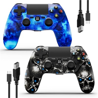 2 беспроводных контроллера для PS4, игровой контроллер, совместимый с Playstation 4/Slim/Pro/ПК, с двойной вибрацией/6-осевым датчиком движения/разъемом для стереогарнитуры/сенсорной панелью/батареей 800 мАч (синий и с черепом) 1000001753 - фото 506988