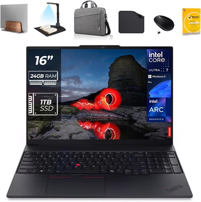 Ноутбук Lenovo ThinkPad E16 Gen 3 AI Business Laptop – Intel Ultra 7-255H, 24 ГБ DDR5 RAM, 1 ТБ SSD, сканер отпечатков пальцев, Windows 11 Pro, Eng/AR | Включает подставку для ноутбука 1st Wave и сканер документов + мышь + антивирус + сумку 1000003190 - фото 513691