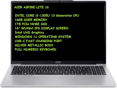 Ноутбук Acer Aspire Lite 16" | Процессор Intel Core i3-1305U 13-го поколения | ОЗУ DDR5 16 ГБ | SSD 1 ТБ | Дисплей FHD+ IPS | Графика Intel UHD с Win 11 Pro (ОБНОВЛЕННАЯ) — серебристый 1000003198 - фото 513730