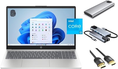 Ноутбук HP Daily Essential, 15,6-дюймовый FHD, 8-ядерный процессор Intel i3-N305 (Beats i5-1135G7), 8 ГБ ОЗУ, 256 ГБ SSD + 256 ГБ портативный SSD, FP-ридер, веб-камера, клавиатура, WiFi 6, комплект внешних накопителей 3-в-1, Win 11 1000003488 - фото 515136
