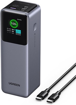 Портативное зарядное устройство UGREEN Nexode Power Bank 25000 мАч 200 Вт PD 3.1 для ноутбука с 3 портами для быстрой зарядки и интеллектуальным цифровым дисплеем. Аккумулятор для MacBook Pro/Air, Dell, HP, iPad Pro, iPhone 16 серии, Galaxy S25 Ultra. 1000006171
