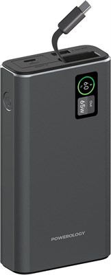 Внешний аккумулятор Powerology Aluminum 20000 мА·ч, PD 65 Вт, зарядное устройство для ноутбука, втягивающийся кабель Type-C длиной 50 см, интеллектуальный индикатор заряда, 0–60% за 30 минут, одновременная зарядка — темно-серый 1000006175
