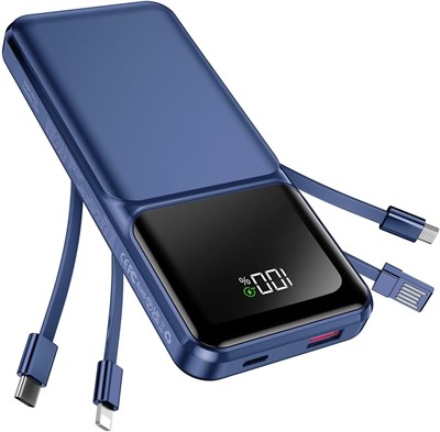 Портативное зарядное устройство со встроенным кабелем - 20000 мАч, быстрая зарядка, 22,5 Вт, тонкий внешний аккумулятор USB C со светодиодным дисплеем, 5 выходов и 3 входа для iPhone, Samsung, iPad и т. д. 1000006201