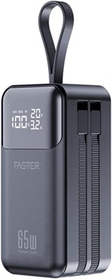 Внешний аккумулятор Faster Power Bolt PD65WA ёмкостью 20000 мА·ч — быстрая зарядка 65 Вт, светодиодный дисплей, встроенные кабели, многопортовое мини-зарядное устройство для ноутбуков, планшетов и телефонов — удобный для путешествий дизайн с интеллектуаль 1000006223