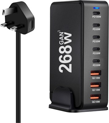 Зарядное устройство USB C мощностью 268 Вт, адаптер питания GaN Power Bank на 8 портов, зарядное устройство USB C мощностью 100 Вт, портативная зарядная станция для MacBook, Galaxy, iPad, ноутбуков и Power Bank (черный) 1000006232