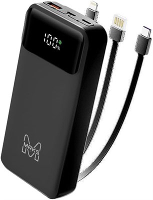 Внешний аккумулятор высокой емкости 20 000 мАч со светодиодным дисплеем, портативное зарядное устройство 12 В, 9 В, 5 В, быстрая зарядка, встроенные кабели, комплект для iPhone 14/15/16 серии, MacBook, iPad, планшета и других устройств 1000006238