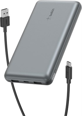 Портативное зарядное устройство Belkin USB C 20000 мА·ч, внешний аккумулятор 20K с портом входа/выхода USB Type C и 2 портами USB A с кабелем USB C-A в комплекте для iPhone, Galaxy, Pixel, iPad, AirPods и других устройств – цвет «серый космос» 1000006242