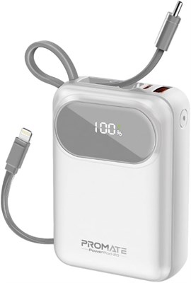 Promate Power Bank, универсальное сверхкомпактное портативное зарядное устройство ёмкостью 20000 мА·ч, кабели Lightning мощностью 27 Вт, встроенный порт USB-C мощностью 35 Вт, порт USB-A QC 3.0 мощностью 22,5 Вт для iPhone 15, Galaxy S24, POWERPOD-20 (бел 1000006266 - фото 525426