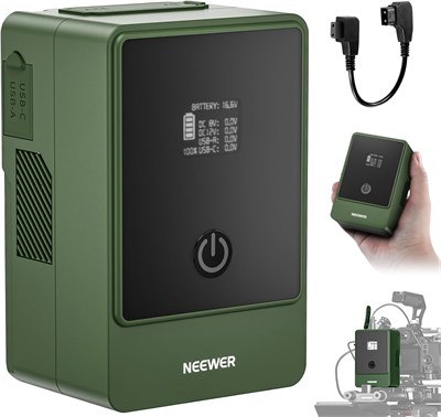 Аккумулятор NEEWER V-mount PS099E, 6800 мА·ч, 99 Вт·ч, 14,5 В, Mini V-образный замок с кабелем D Tap, OLED-дисплей, быстрая зарядка, 65 Вт, выход USB C, D Tap/BP/USB A/DC для видеокамеры, монитора, видеокамеры, зеленый 1000006300 - фото 525583