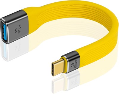 Короткий удлинительный кабель USB Duttek, желтый, USB A (мама) - USB C (папа), 10 Гбит/с, 60 Вт, мягкий, плоский, короткий удлинительный кабель USB C - USB A для MacBook, ноутбука, планшета, телефона, Google Pixel, внешнего аккумулятора - 13 см 1000006348