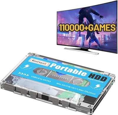 Портативный игровой накопитель Kinhank 500G HDD со встроенными более чем 110 000 играми, игровая система Batocera 33, совместимая с более чем 90 эмуляторами, Plug and Play, USB 3.0, поддержка Windows/ноутбуков/ПК/Mac 1000006599 - фото 526426