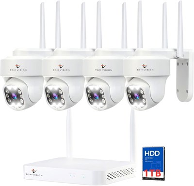Tomvision 10-канальная беспроводная PTZ-система охранной видеокамеры с 4 ультра-5-мегапиксельной WIFI камерой наружного наблюдения с обзором 355°, автоматическим отслеживанием, функцией обнаружения людей, 10-канальным NVR с жестким диском 1000 ГБ 1000006701 - фото 526920