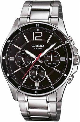 Мужские часы Casio MTP-1374D-1AVDF с чёрным циферблатом и серебристым ремешком 1000006843 - фото 527243