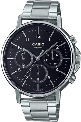 Мужские часы Casio MTP-E321D-1AVDF с чёрным циферблатом и серебристым ремешком 1000007177 - фото 528647