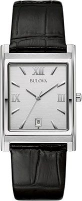 Мужские кварцевые часы Bulova из нержавеющей стали с тремя стрелками, календарем и датой, с черным кожаным ремешком, прямоугольным циферблатом, серебристым корпусом и классическим кварцевым механизмом, серебристым ремешком из нержавеющей стали. 1000007271 - фото 529054
